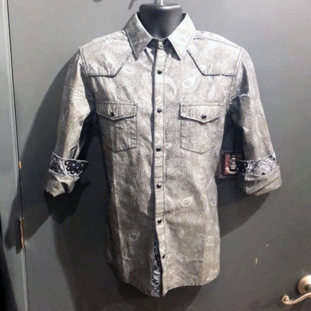 Washed Grey Paisley Pearl Snap Shirt